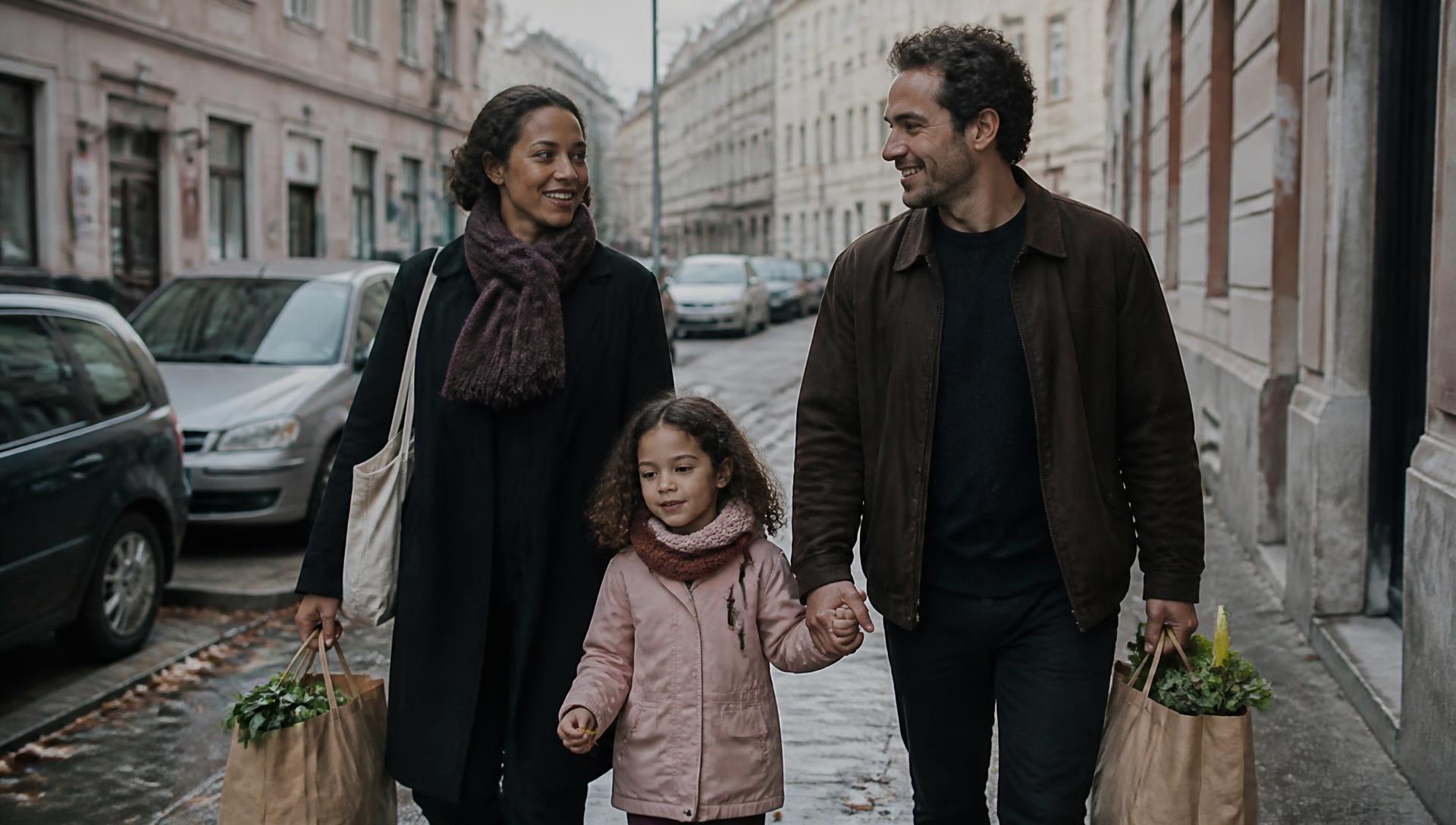 Família brasileira caminhando por uma rua no exterior em um dia comum