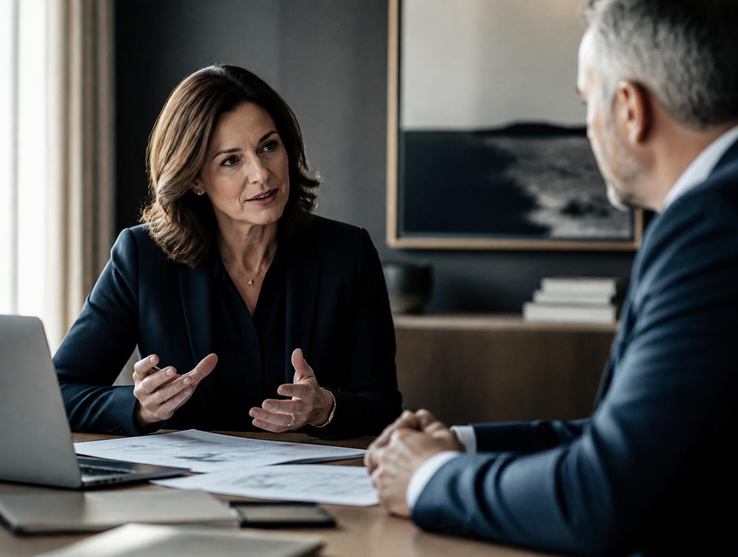 Reunião entre consultora e cliente em um escritório