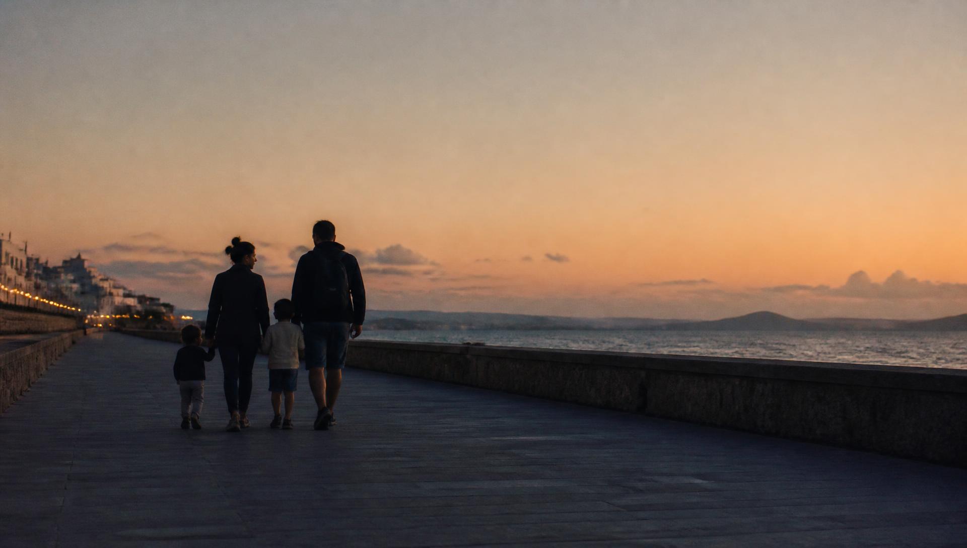 Família brasileira caminhando à beira-mar ao entardecer